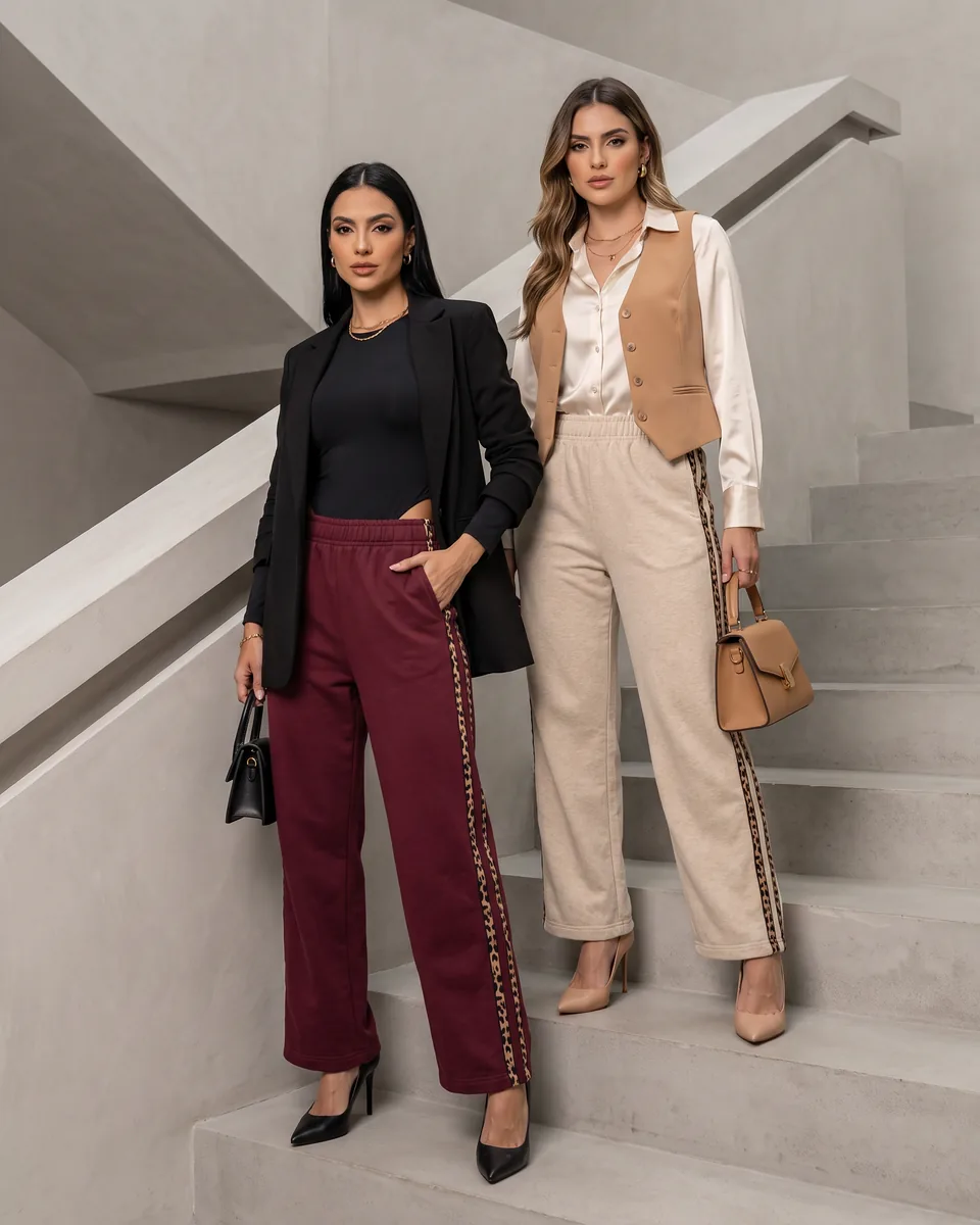 Dos mujeres en una escalera con el Pantalón Akira vinotinto y avena