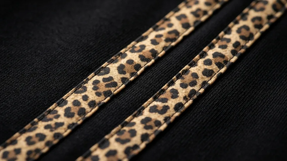 Las dos cintas de leopardo del Pantalón Akira, de cerca, sobre tela negra