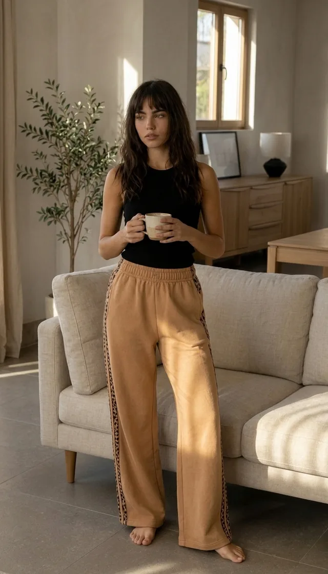 Pantalón Akira camel en casa, con un café