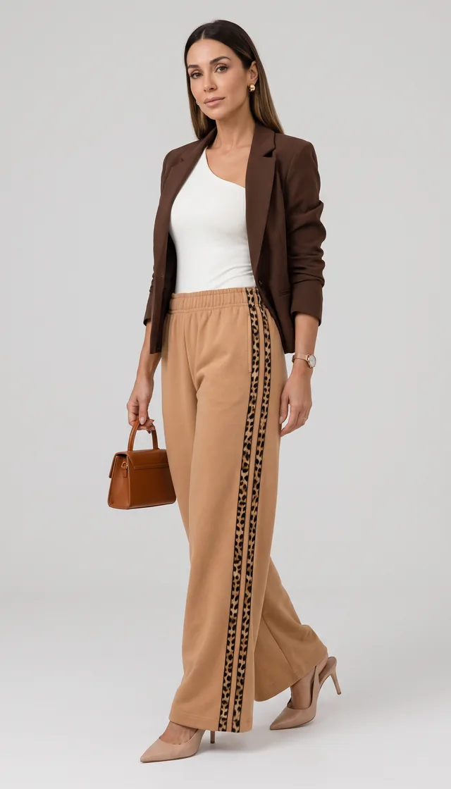 Pantalón Akira camel con blazer café y tacones