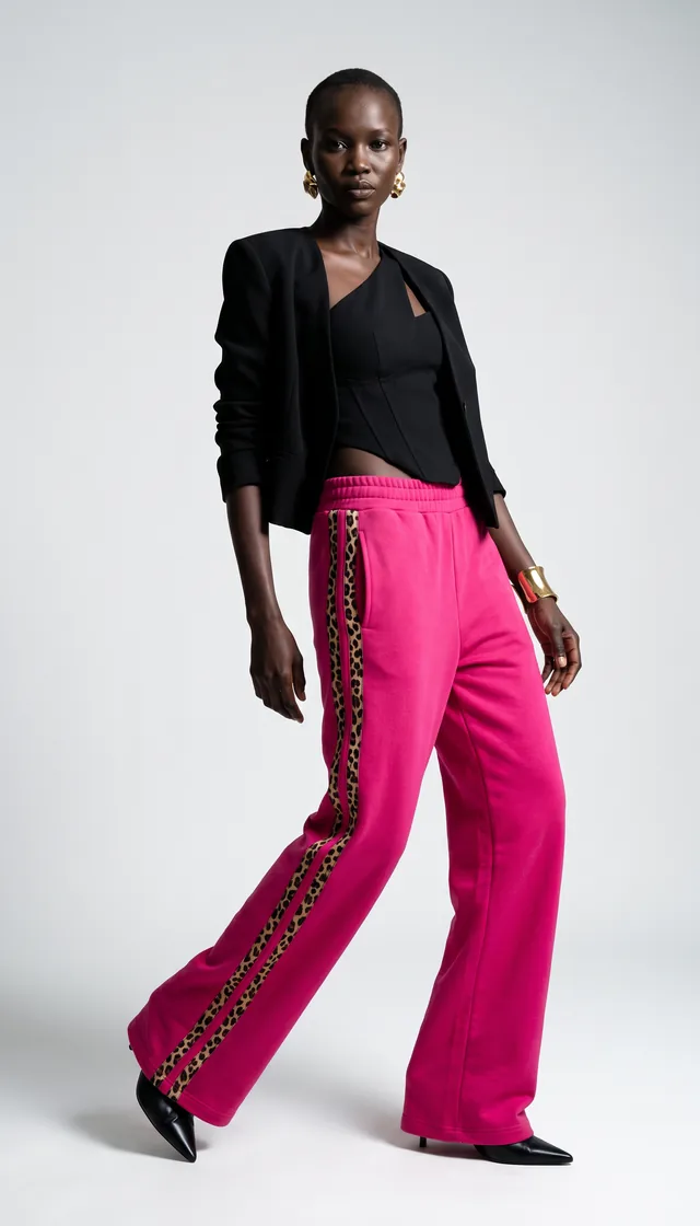 Pantalón Akira fucsia con blazer negro y tacones