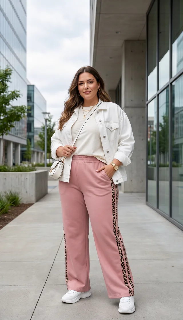 Pantalón Akira palo de rosa con chaqueta de jean y tenis